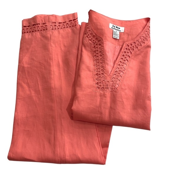 Linen 2-Pc Matching Tunic Blouse and Pants Set Orange Medium Spring Lagenlook - Picture 3 of 15